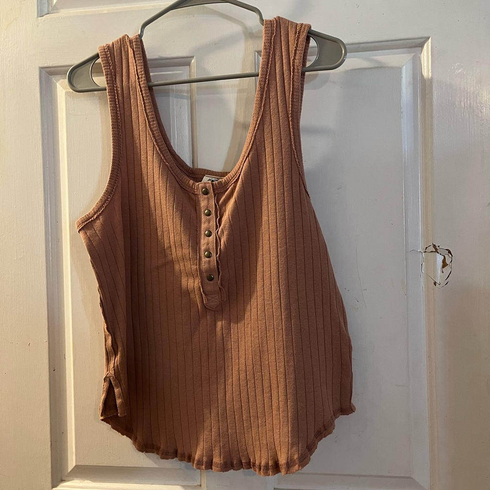 Free People Ribbed Henley Tank Top - Tan